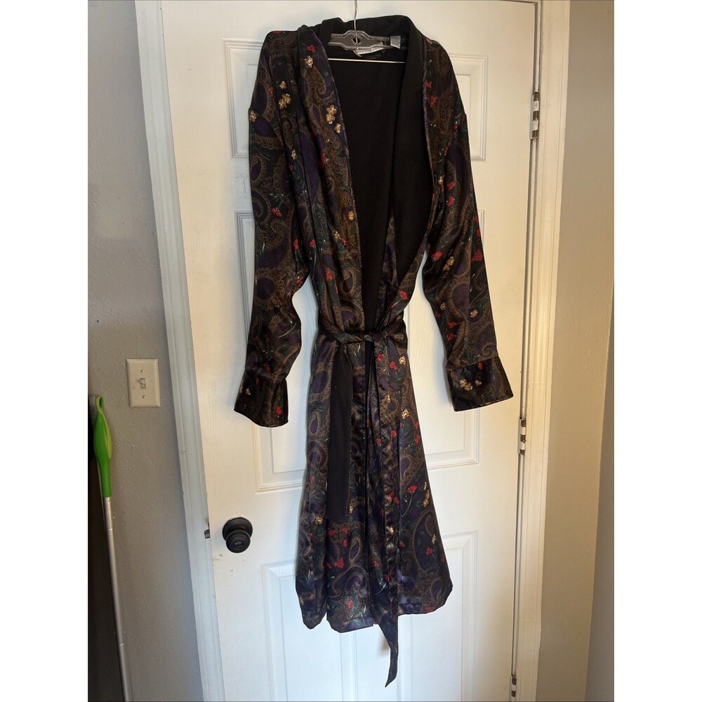 Vintage Erika Taylor Intimates Paisley Floral Satin Robe | 80s 90s Boho Maxi
